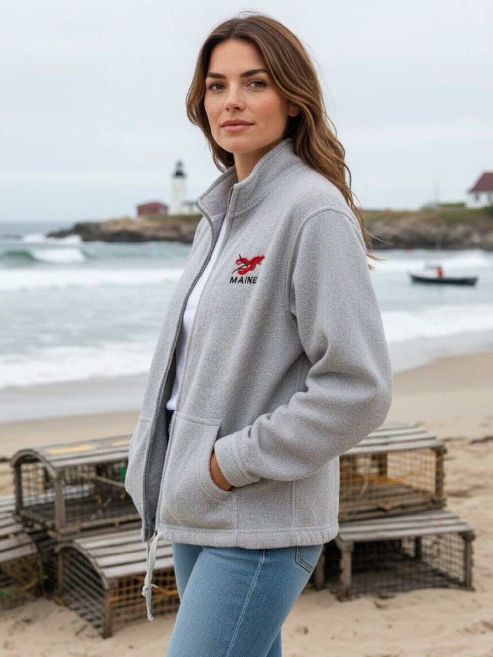 Maine Lobster Full Zip Gray Super Soft Sweatshirt, Oversized Small